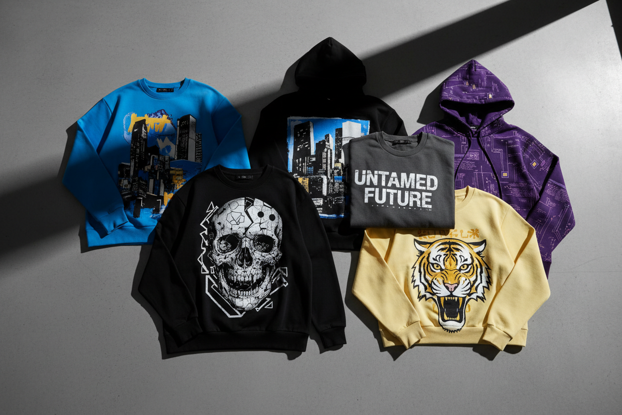 Bold designs inspired by modern street fashion. Our sweatshirts and statement t-shirts are created for those who love expressive looks with a clean, premium finish that stands out without trying too hard. without model 